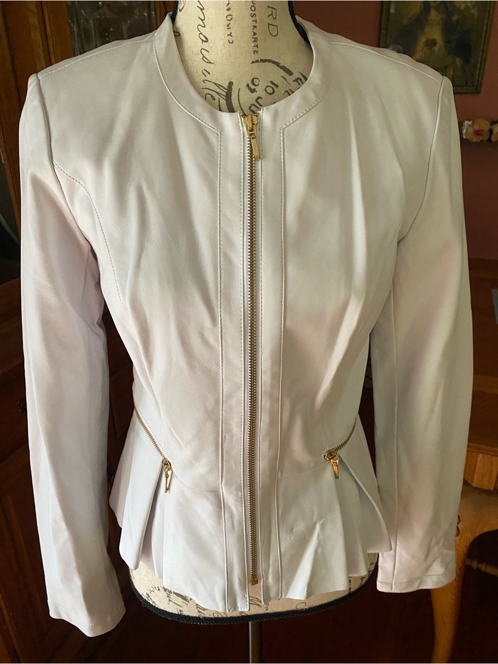 INC International Concepts Light Pink Leather Peplum Zip Jacket
